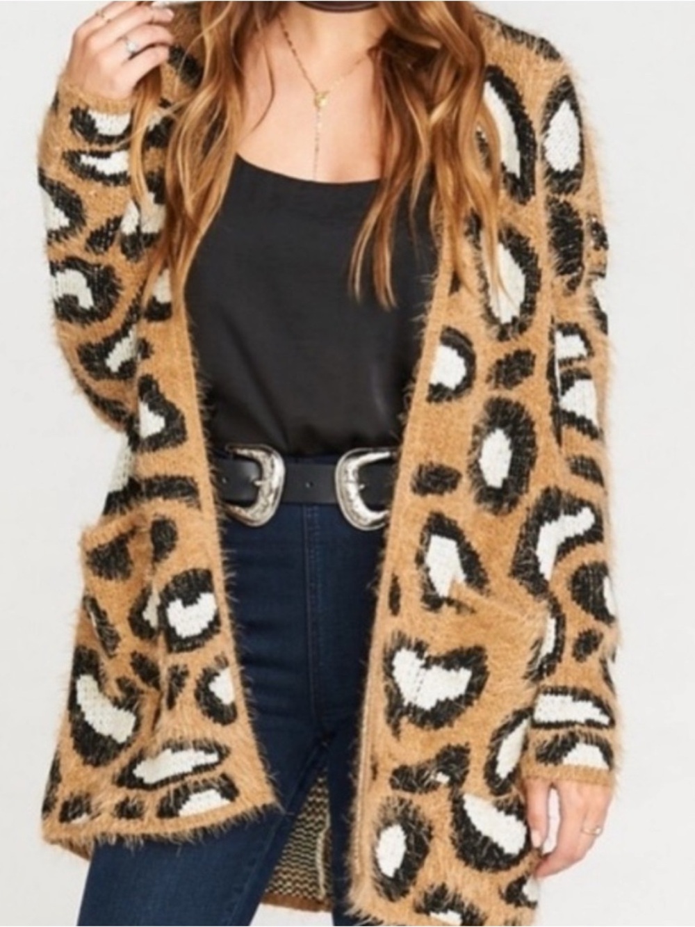 Show Me Your MuMu Tan Black White Fuzzy Leopard Open Cardigan